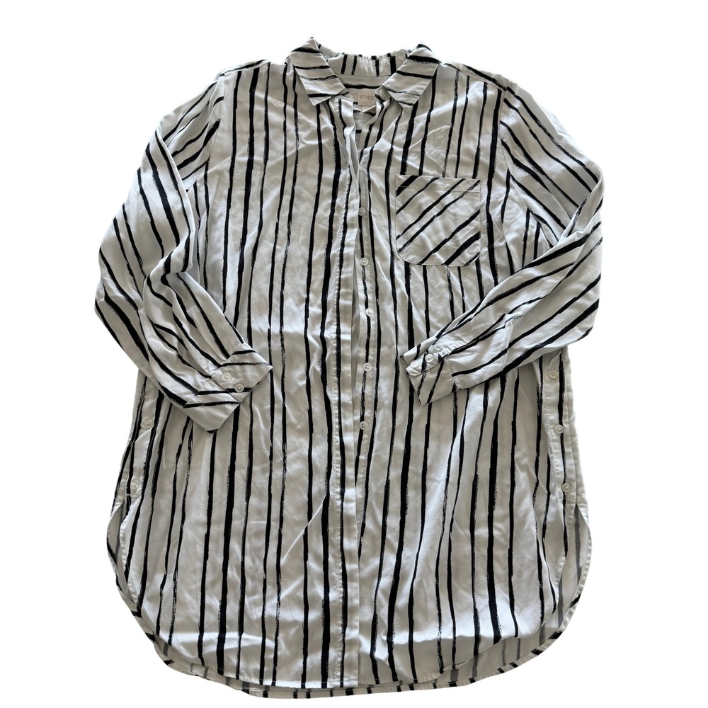 Chico's White Black Striped Lyocell Button Down Tunic Top Size 2 Large